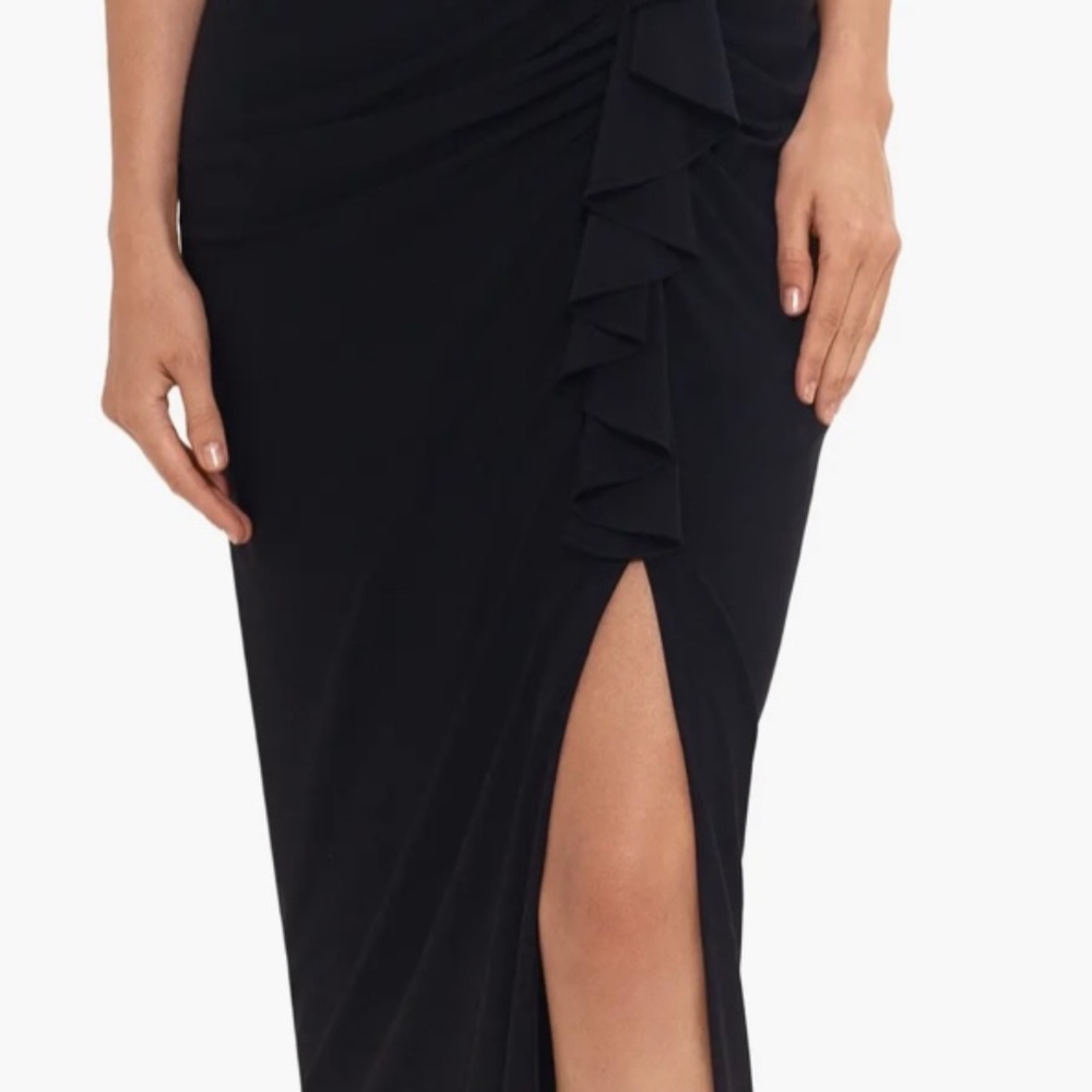 Betsy & Adam Ruched Ruffle Column Gown - Picture 4 of 4